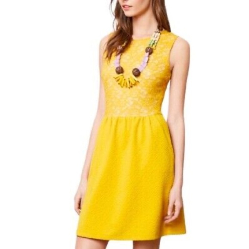Anthropologie Maeve Vera Mustard Lace Fit & Flare Dress – Size Small